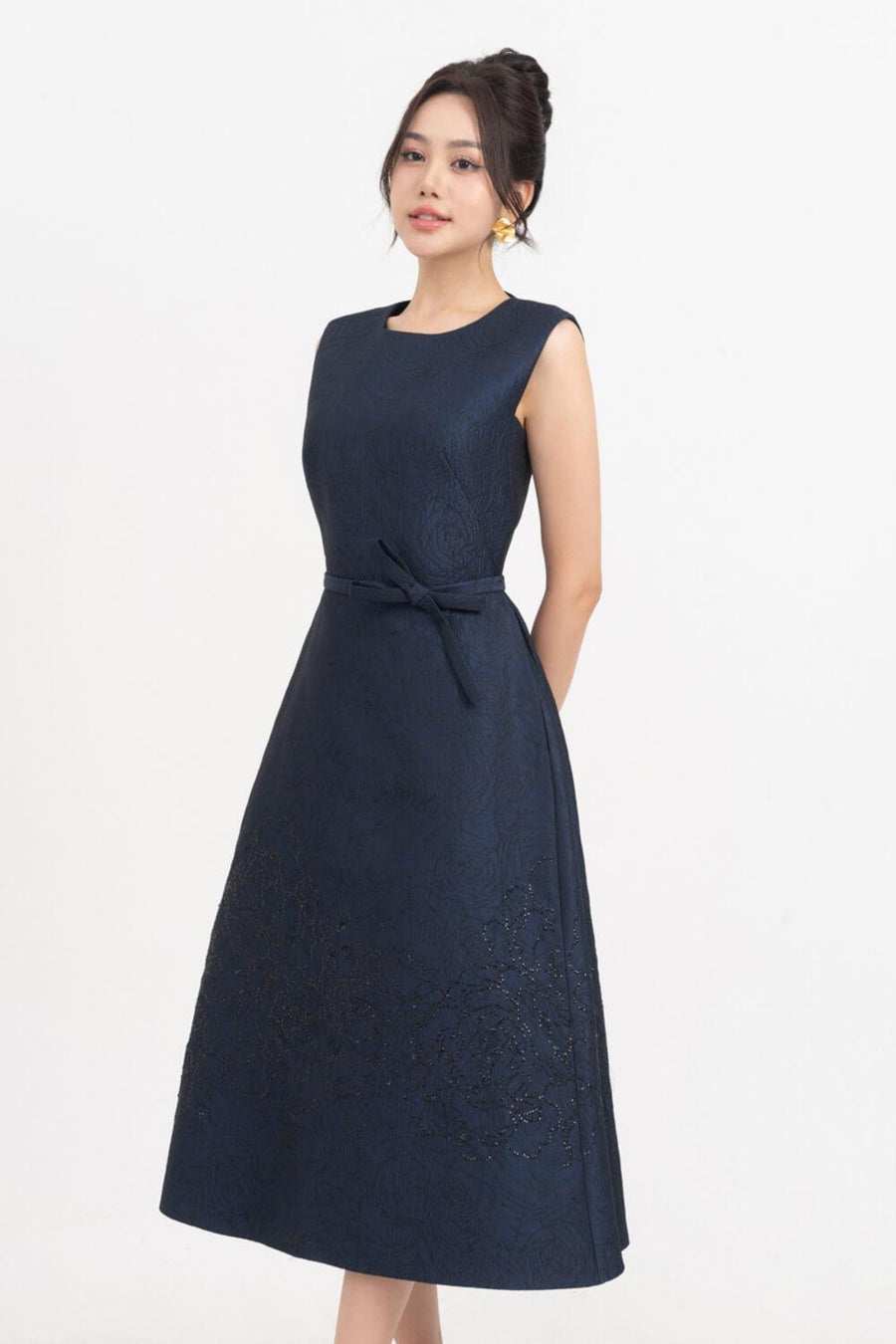 Ellen A-line Sleeveless Brocade Midi Dress Blue Purple Midi Dress IVY moda