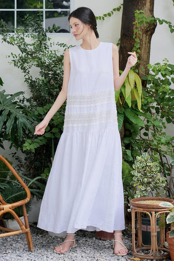 Elli Drop Waist Round Neck Linen Maxi Dress