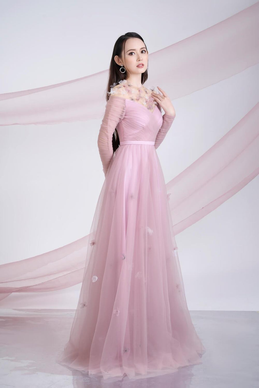 Elliott Gathered Round Neck Mesh Sheer Maxi Dress 8