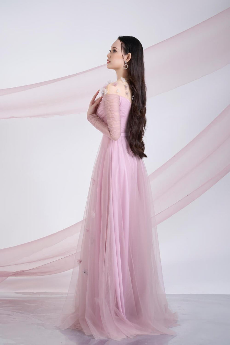 Elliott Gathered Round Neck Mesh Sheer Maxi Dress 9