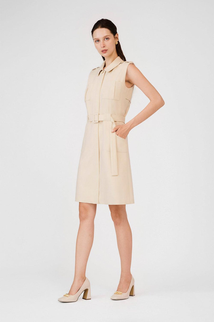 Ellis A-line Collared Neck Khaki Mini Dress 6