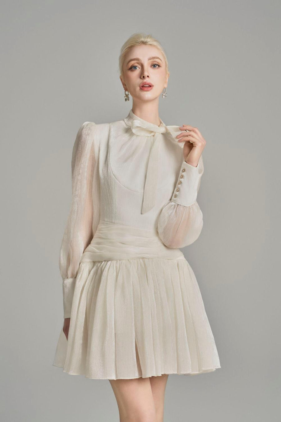 Ellis Drop Waist Tie Neck Voile Mini Dress White Mini Dress Cordia