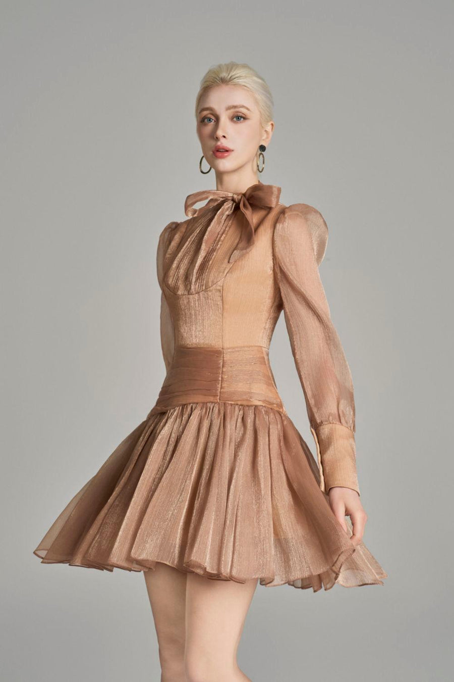 Ellis Drop Waist Tie Neck Voile Mini Dress Brown Mini Dress Cordia