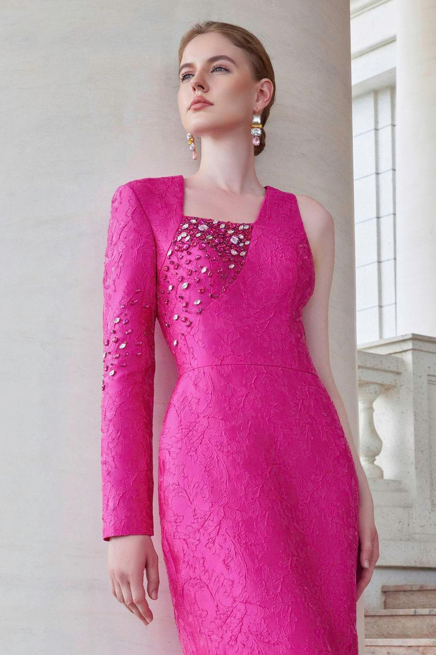 Elysian Sheath Asymmetric Sleeved Jacquard Floor Length Dress Gown Dress I.H.F Atelier