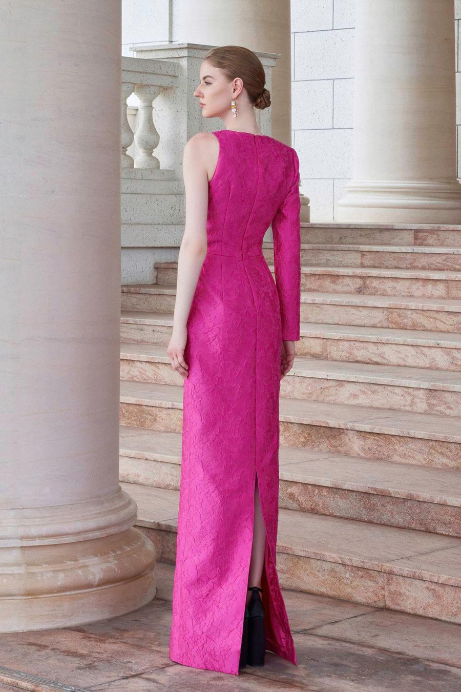 Elysian Sheath Asymmetric Sleeved Jacquard Floor Length Dress Gown Dress I.H.F Atelier