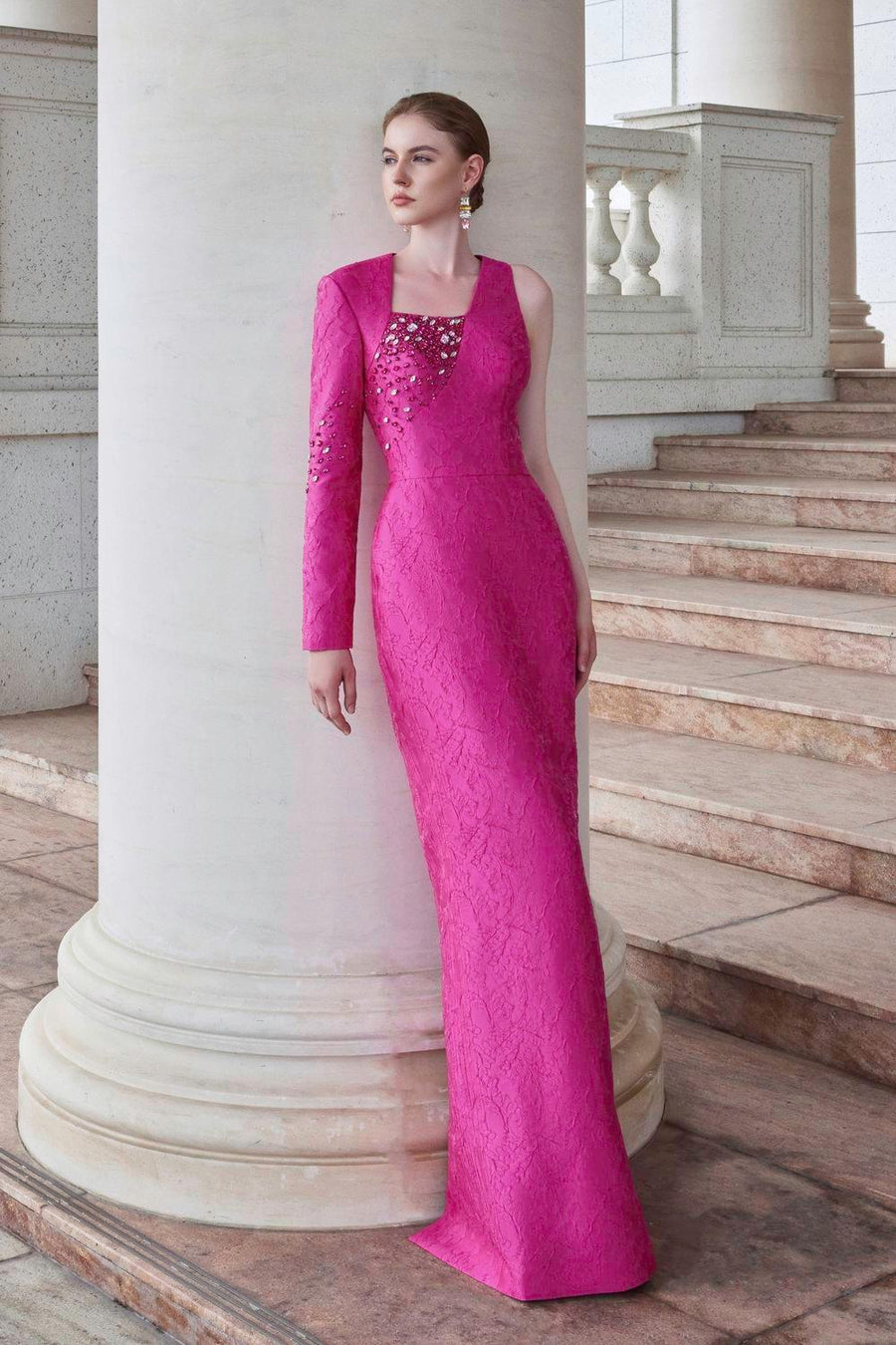 Elysian Sheath Asymmetric Sleeved Jacquard Floor Length Dress Gown Dress I.H.F Atelier