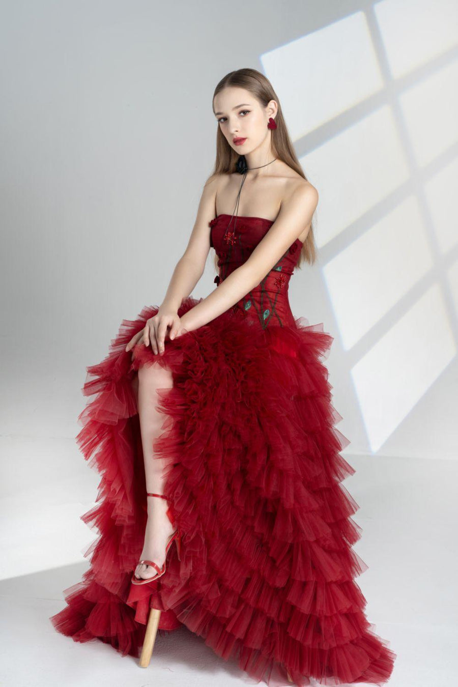 Emily Fit and Flare Straight Across Neck Mesh Floor Length Dress 7