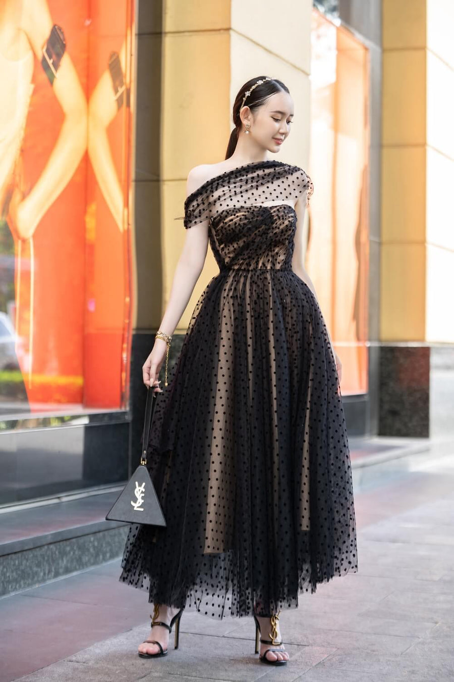 Emma Strapless Straight Across Neck Mesh Taffeta Midi Dress 3