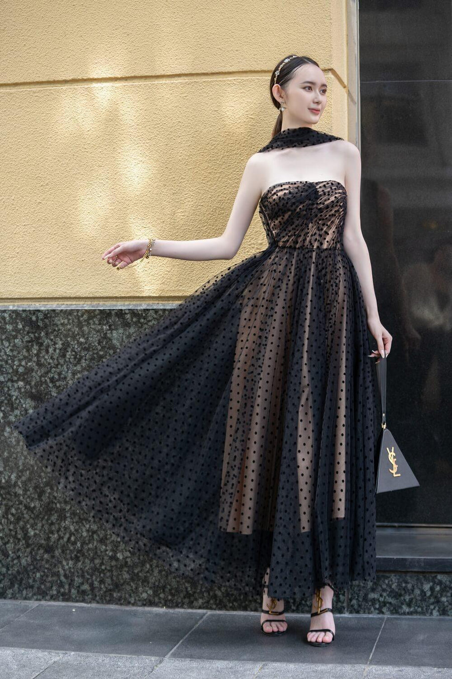 Emma Strapless Straight Across Neck Mesh Taffeta Midi Dress 4