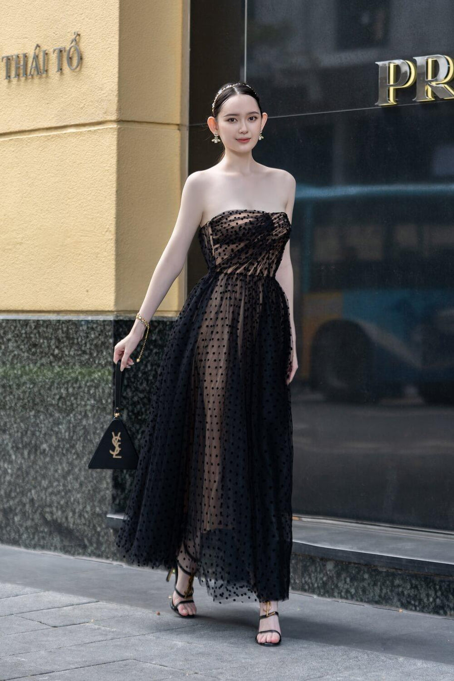 Emma Strapless Straight Across Neck Mesh Taffeta Midi Dress 5