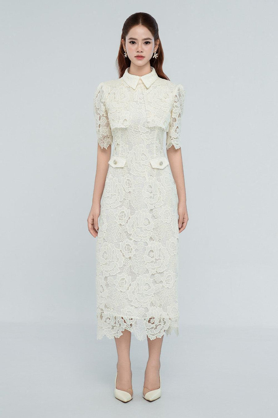 Emmeline Sheath Collared Neck Lace Midi Dress Midi Dress Cordia