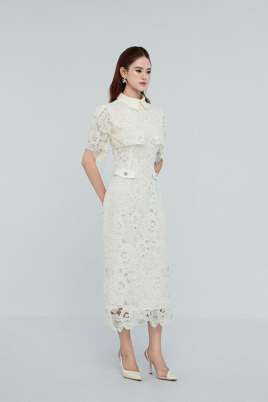 Emmeline Sheath Collared Neck Lace Midi Dress Midi Dress Cordia