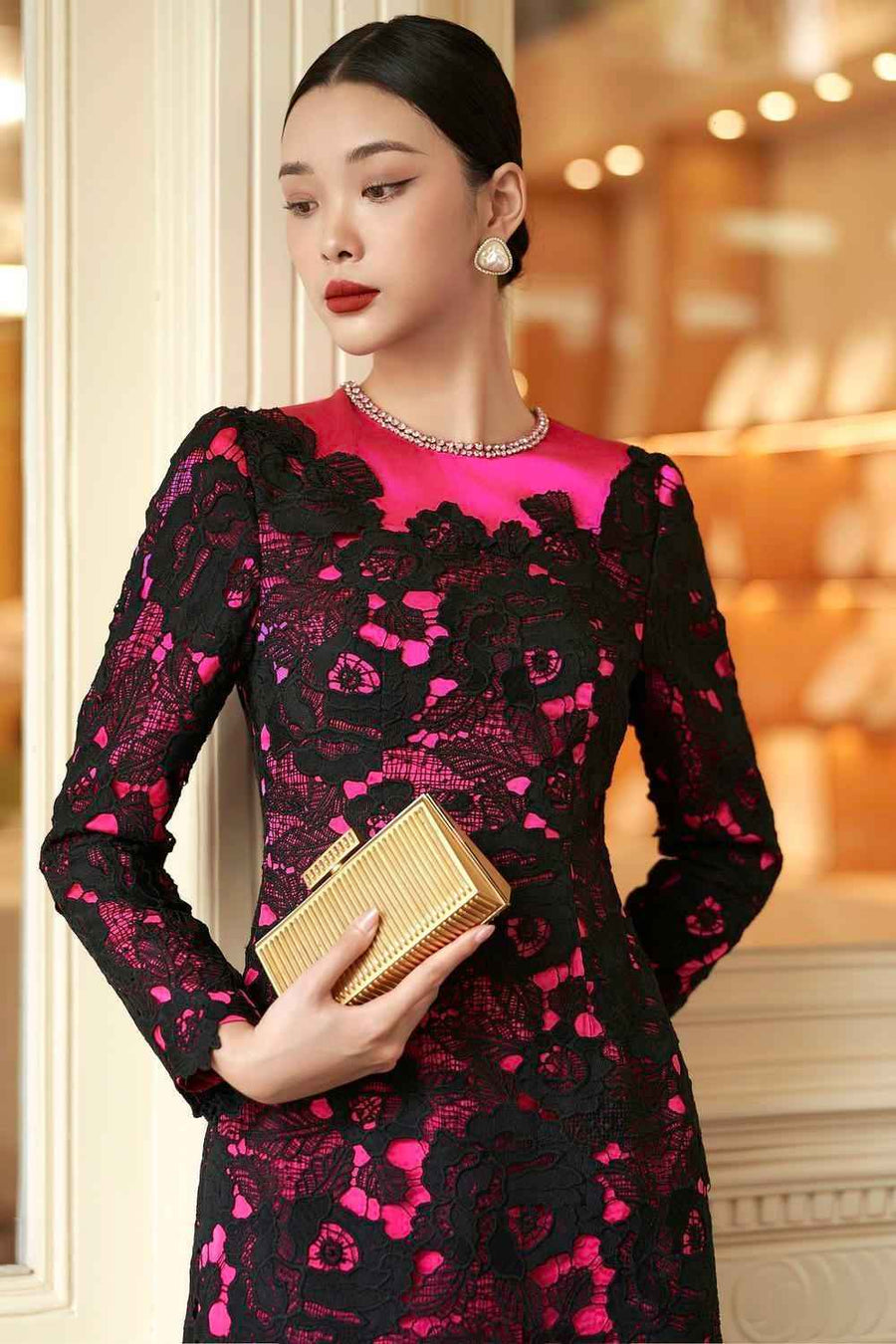 Empira Straight Stone Silk Lace Floor Length Ao Dai