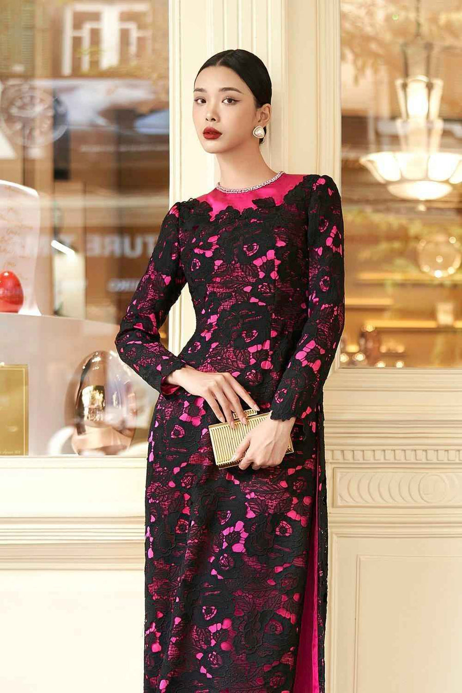 Empira Straight Stone Silk Lace Floor Length Ao Dai