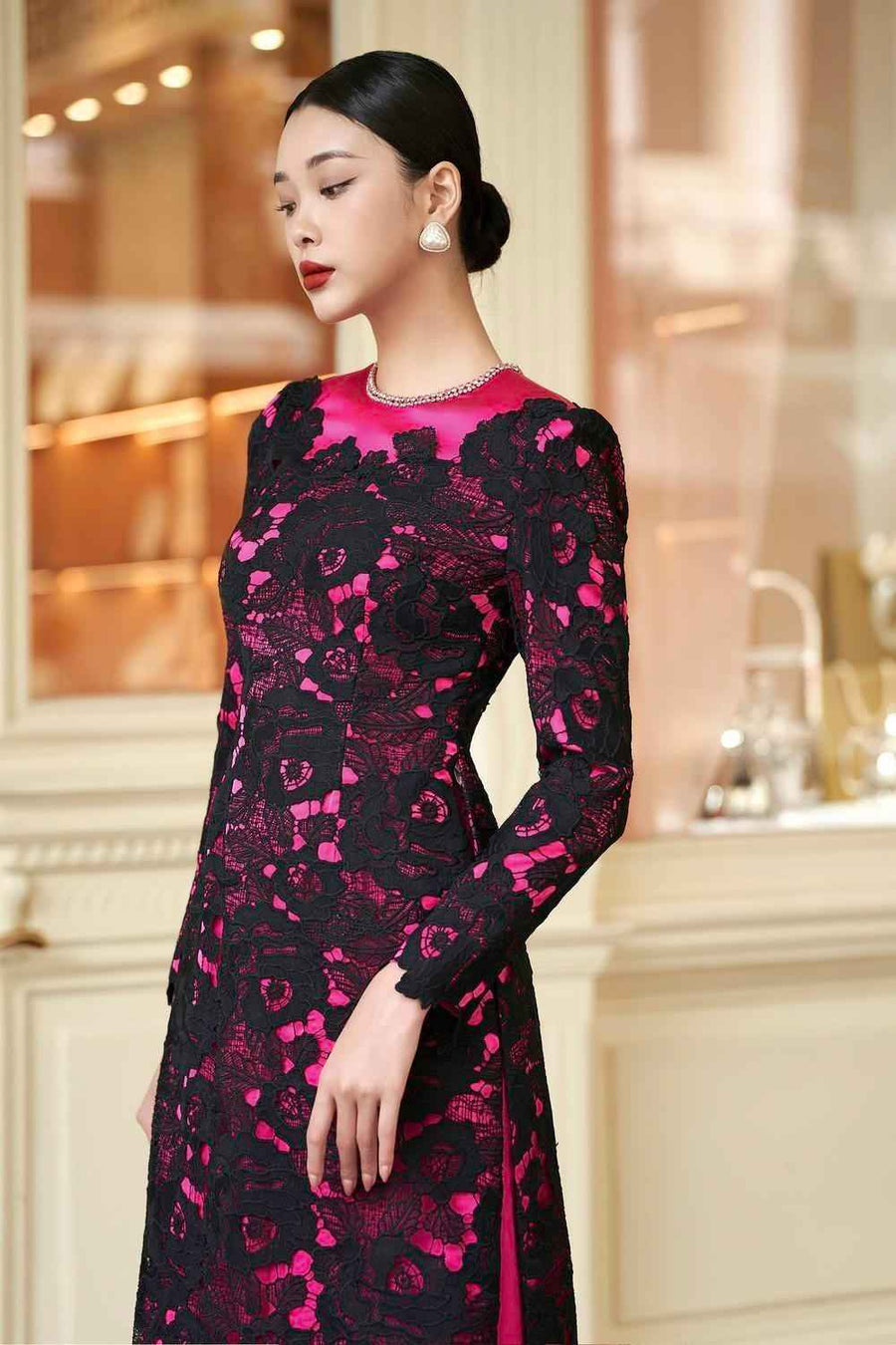 Empira Straight Stone Silk Lace Floor Length Ao Dai