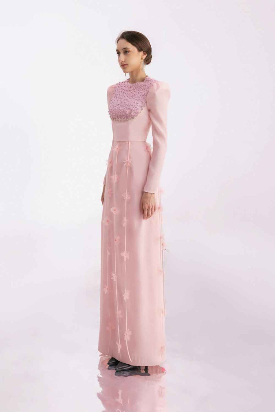 Enriquez Sheath Round Neck Mesh Silk Floor Length Dress