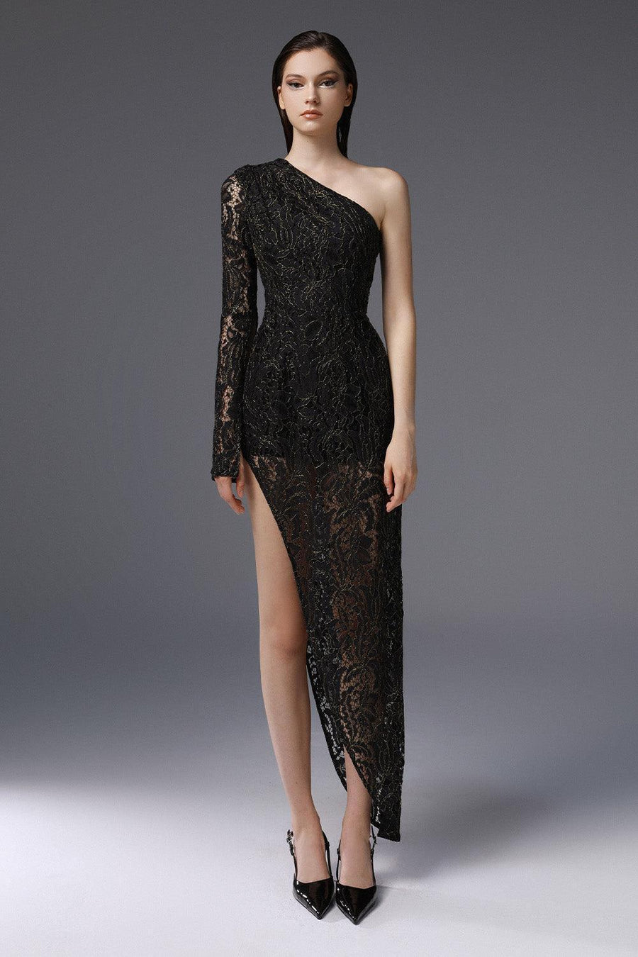 Equinox Asymmetric One Shoulder Embroidered Lace Ankle Length Dress 1