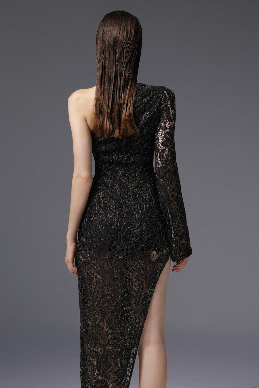 Equinox Asymmetric One Shoulder Embroidered Lace Ankle Length Dress 3