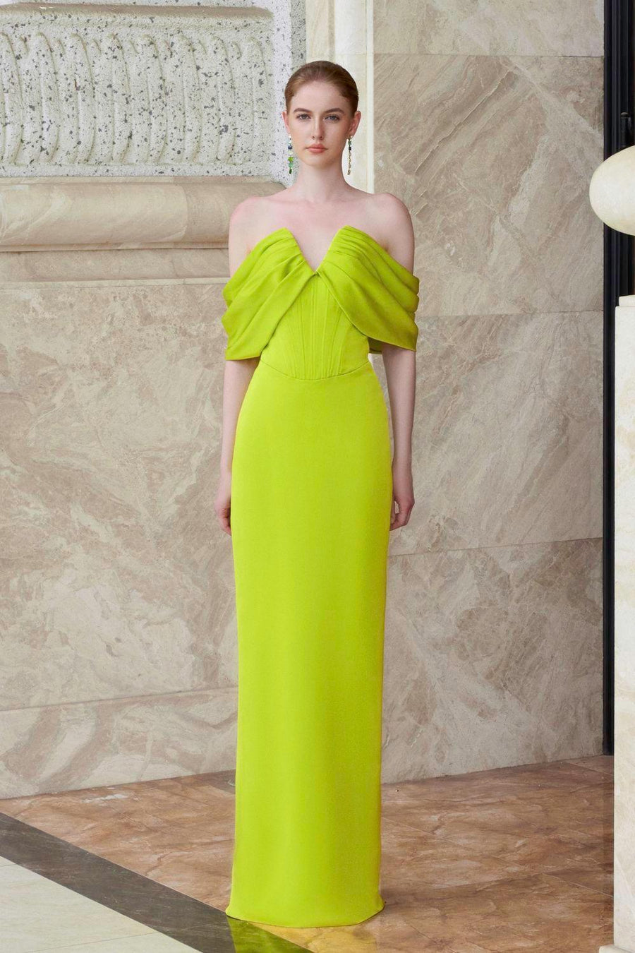 Equinox Sheath Off-Shoulder Silk Floor Length Dress Lime Gown Dress I.H.F Atelier