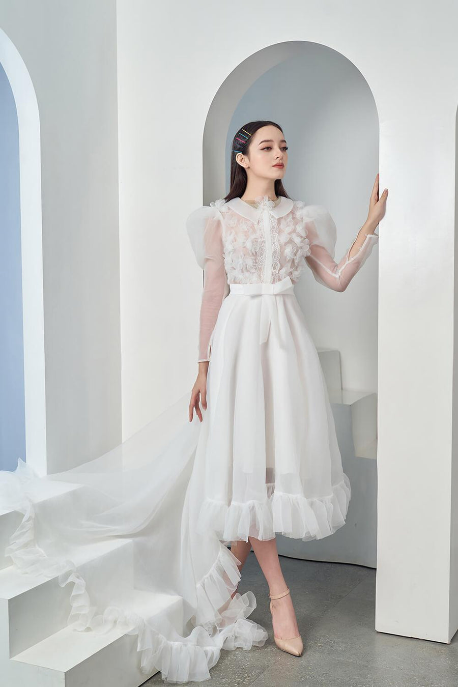 Erdha Fit and Flare Leg Of Mutton Sleeved Organza Maxi Dress 3