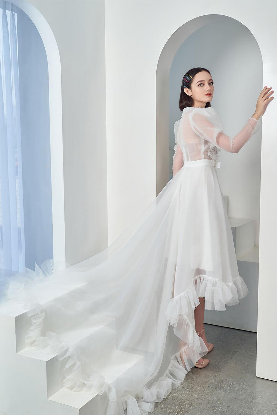 Erdha Fit and Flare Leg Of Mutton Sleeved Organza Maxi Dress 4