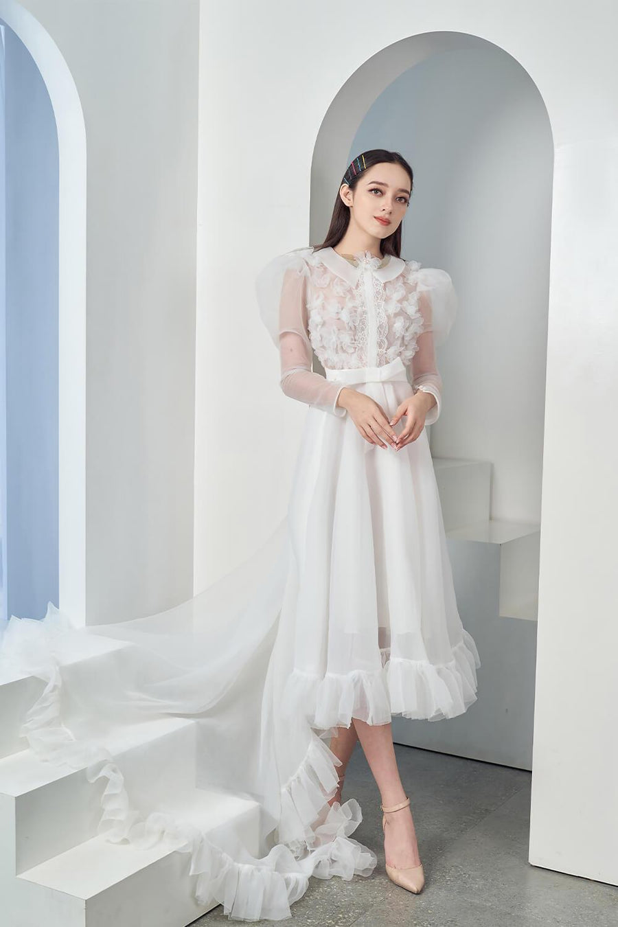 Erdha Fit and Flare Leg Of Mutton Sleeved Organza Maxi Dress 5