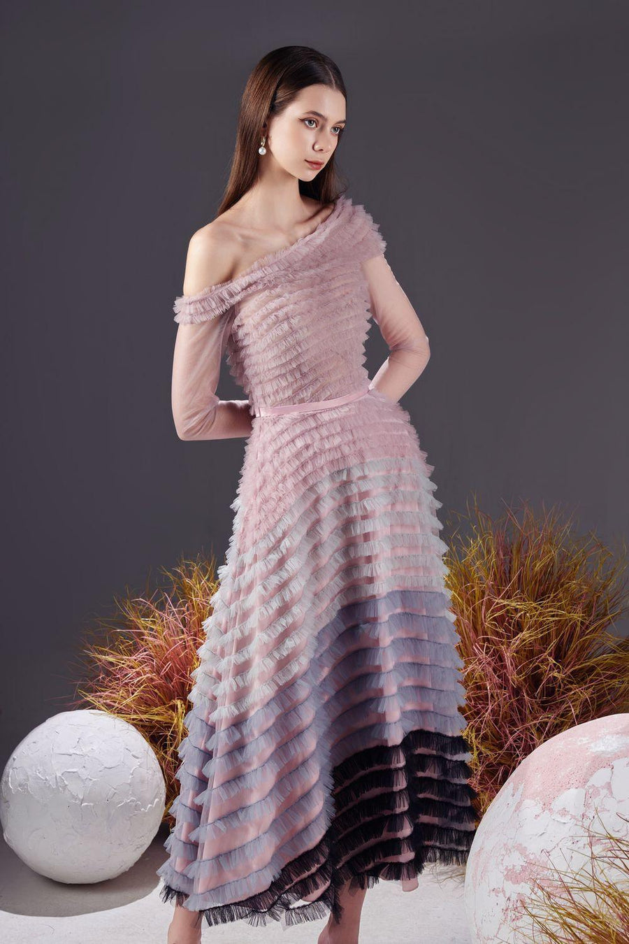 Erica A-line Diagonal Neck Mesh Sheer Midi Dress 2