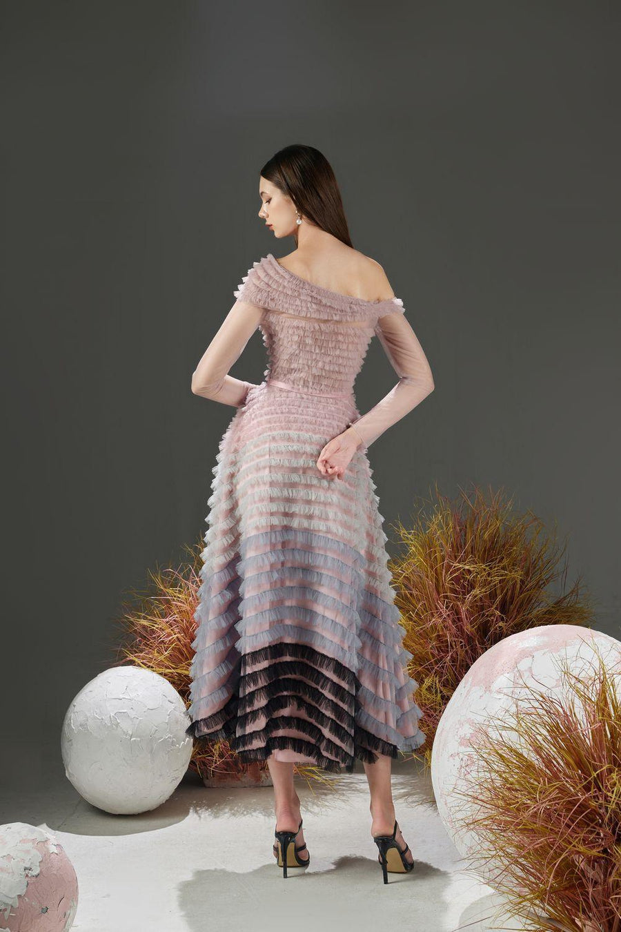 Erica A-line Diagonal Neck Mesh Sheer Midi Dress 4