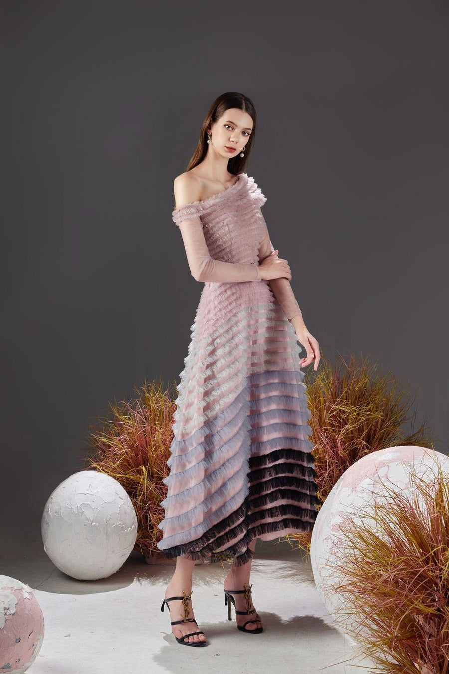 Erica A-line Diagonal Neck Mesh Sheer Midi Dress 5