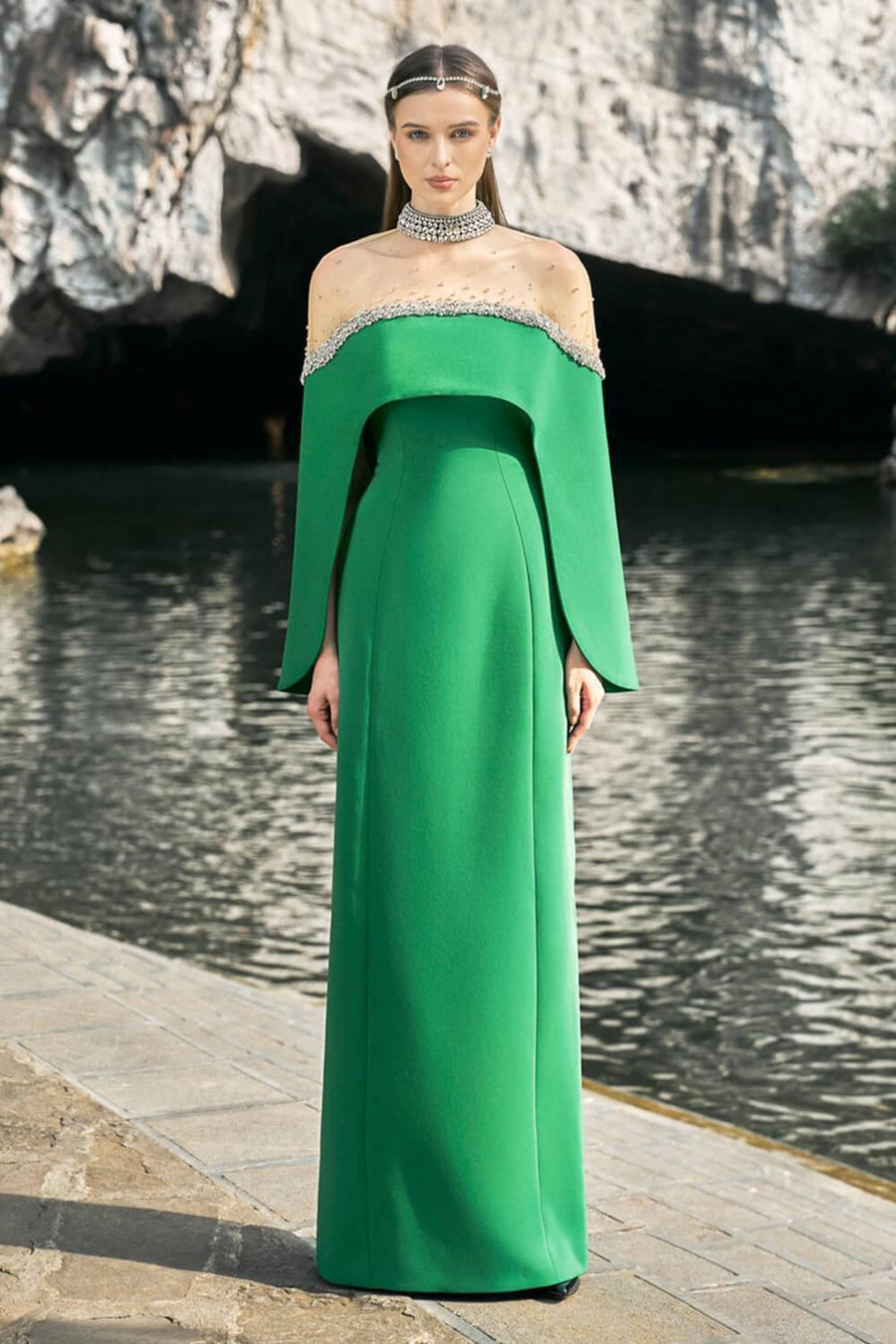Escapade A-line Cape Sleeved Velvet Floor Length Set 1