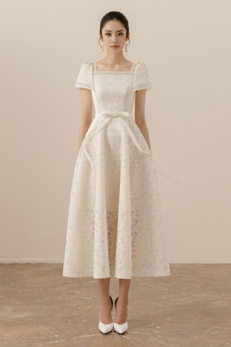 Esme A-line Square Neck Mesh Lace Midi Dress 7