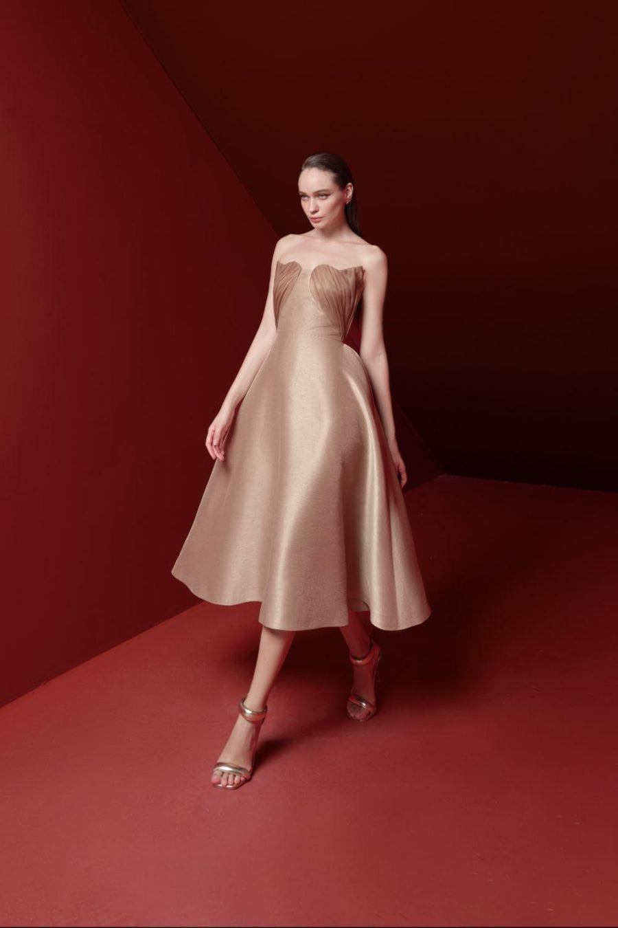 Esme Fit and Flare Sleeveless Taffeta Midi Dress Brown Midi Dress Pesty
