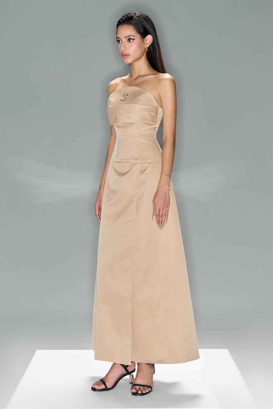 Espoir Strapless Side Slit Taffeta Ankle Length Dress Beige Maxi Dress LaLING