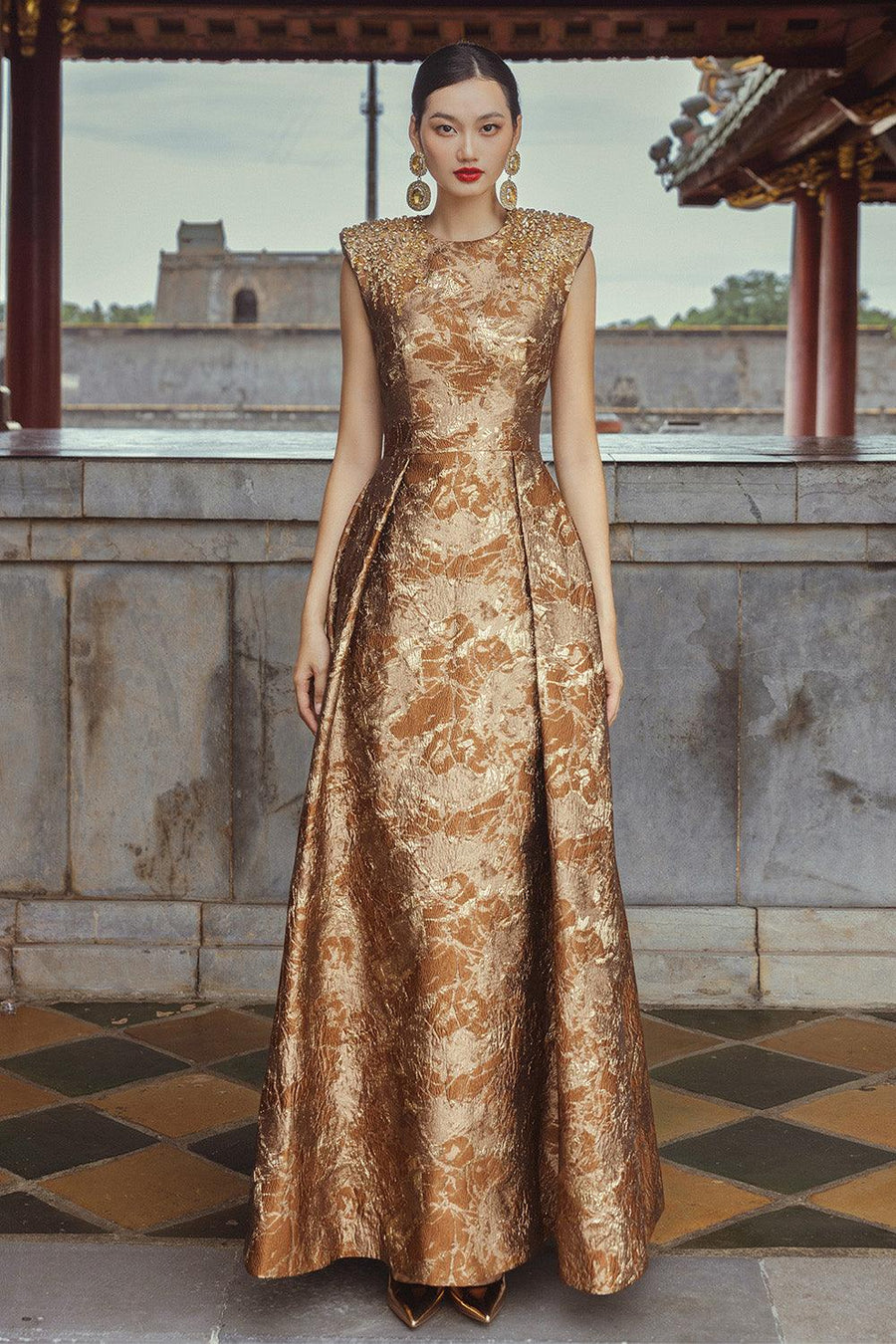 Estelle A-line Cap Sleeved Brocade Floor Length Dress Gown Dress CHANCOS