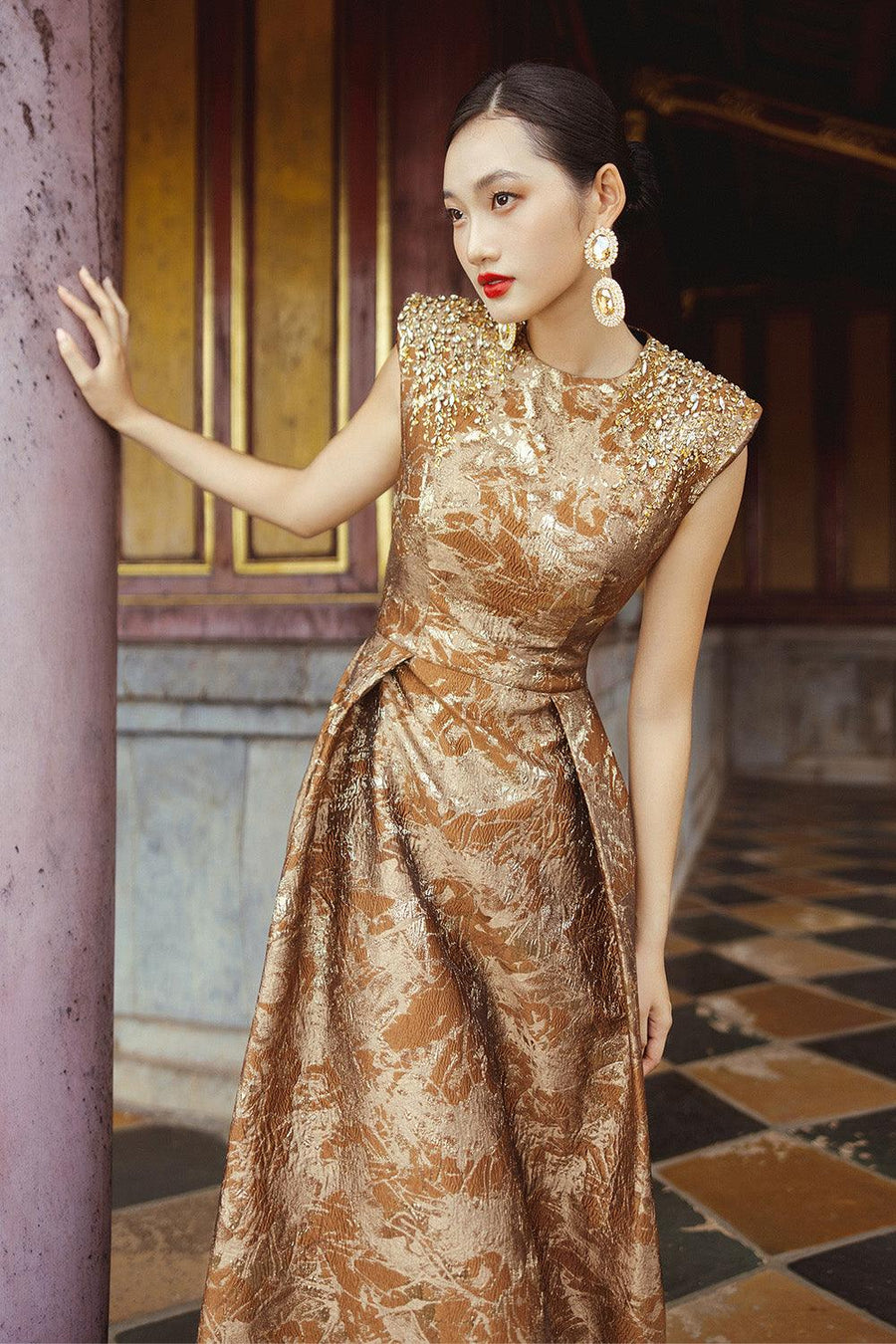 Estelle A-line Cap Sleeved Brocade Floor Length Dress Gown Dress CHANCOS