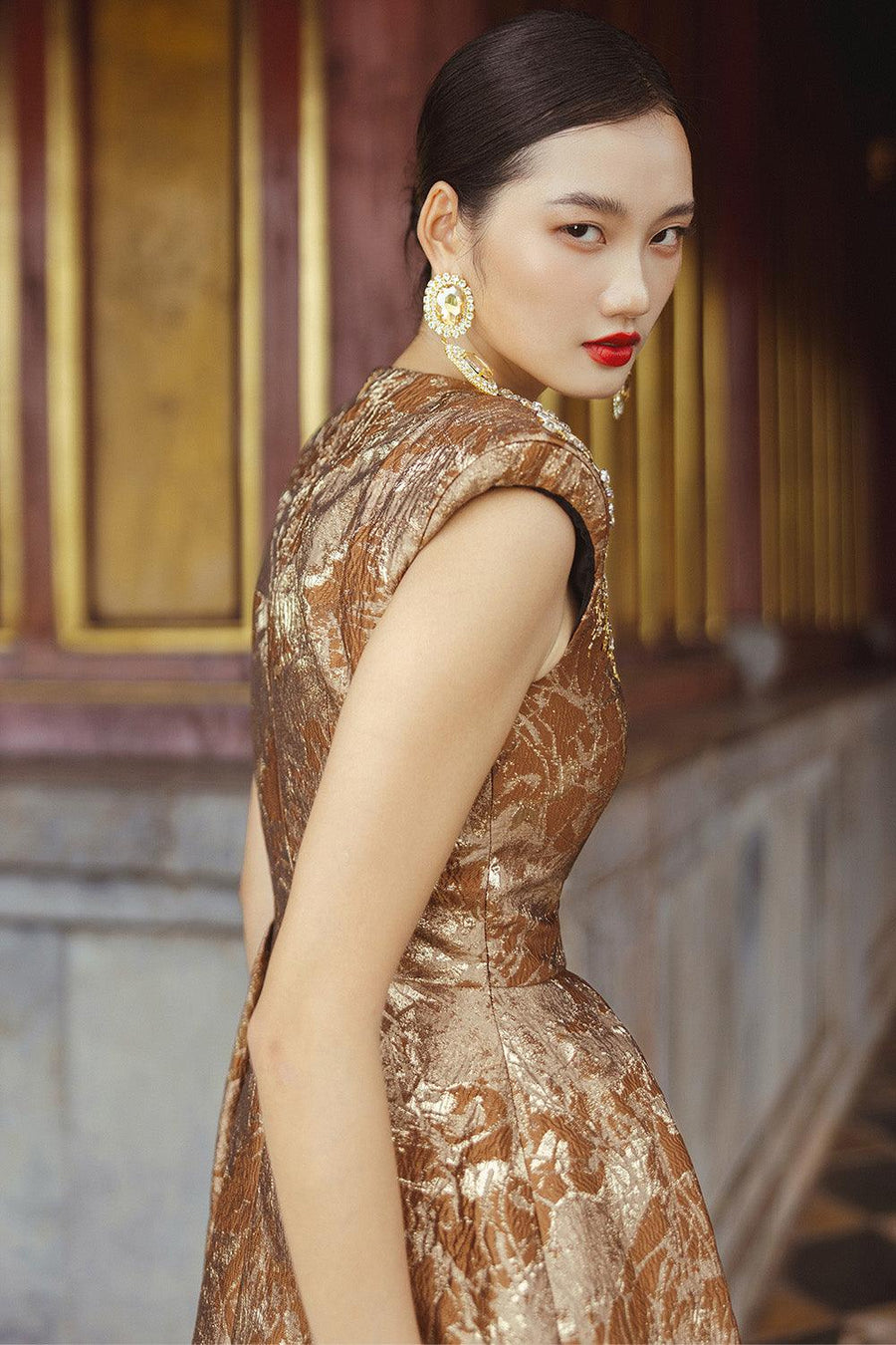 Estelle A-line Cap Sleeved Brocade Floor Length Dress Gown Dress CHANCOS