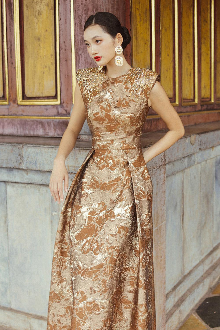 Estelle A-line Cap Sleeved Brocade Floor Length Dress Gown Dress CHANCOS
