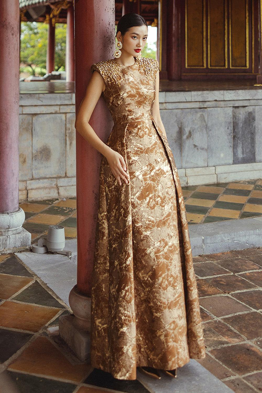 Estelle A-line Cap Sleeved Brocade Floor Length Dress Gold Brocade Gown Dress CHANCOS