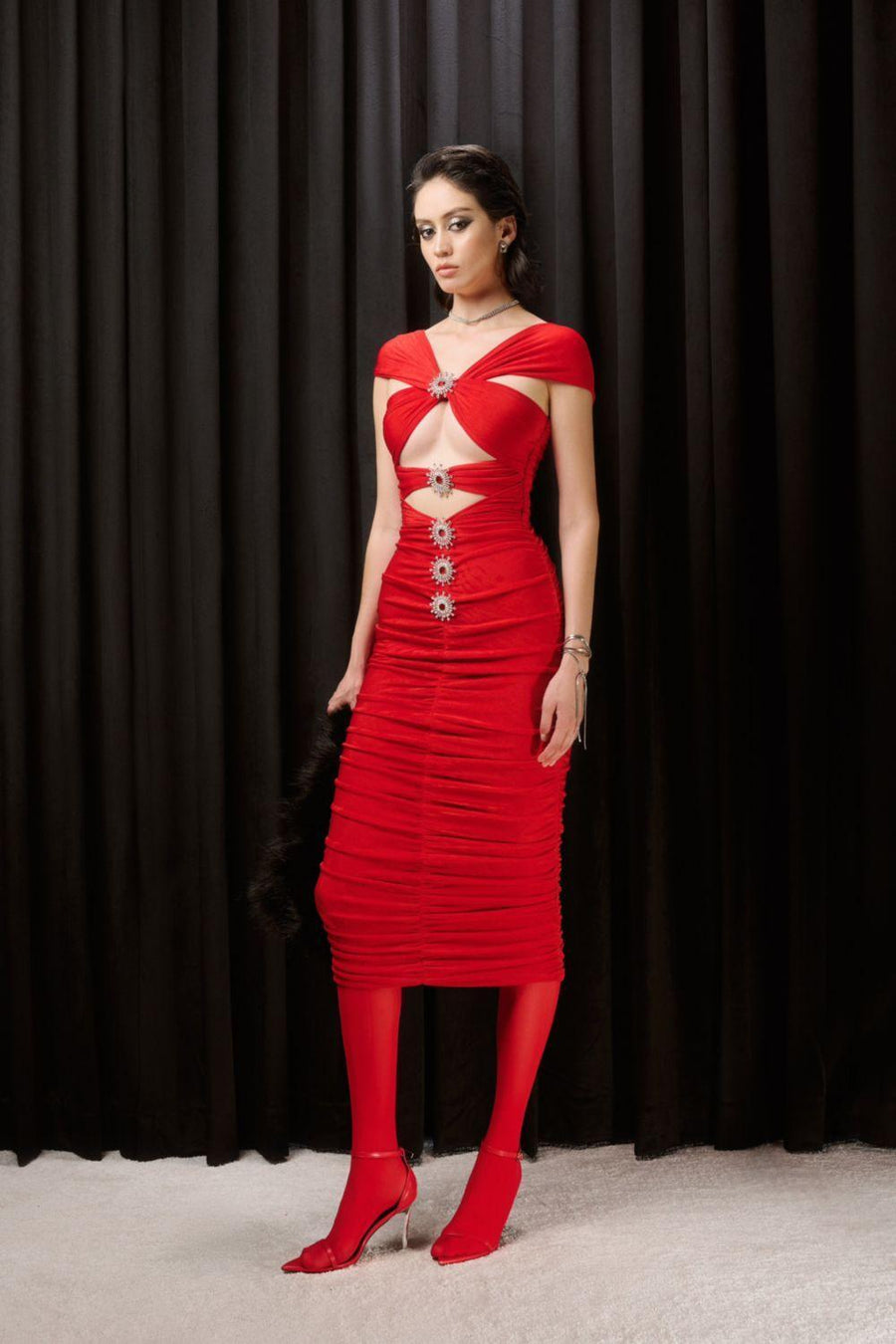Estrella Bodycon Gathered Spandex Midi Dress Red Midi Dress LASSY
