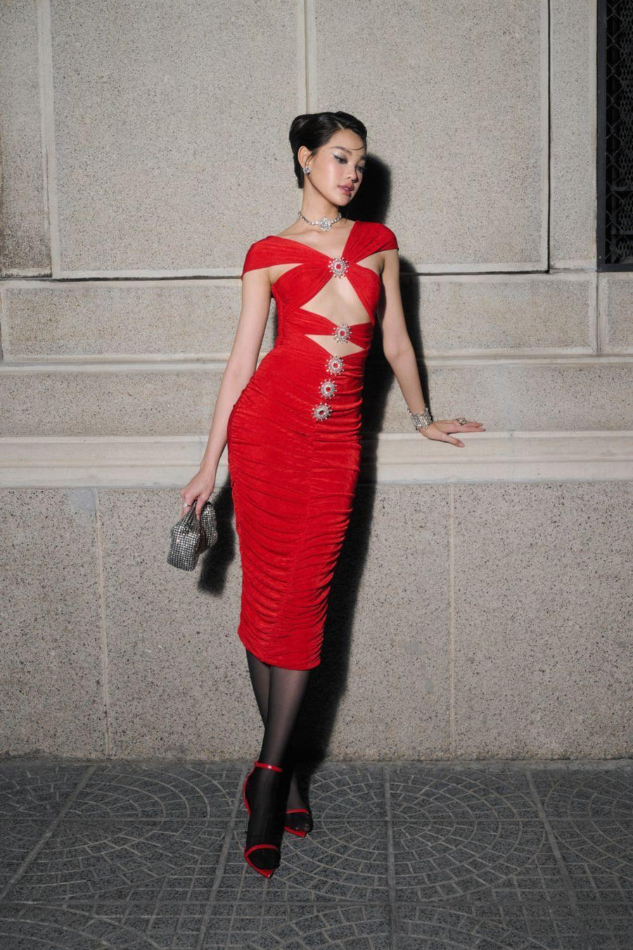 Estrella Bodycon Gathered Spandex Midi Dress Midi Dress LASSY