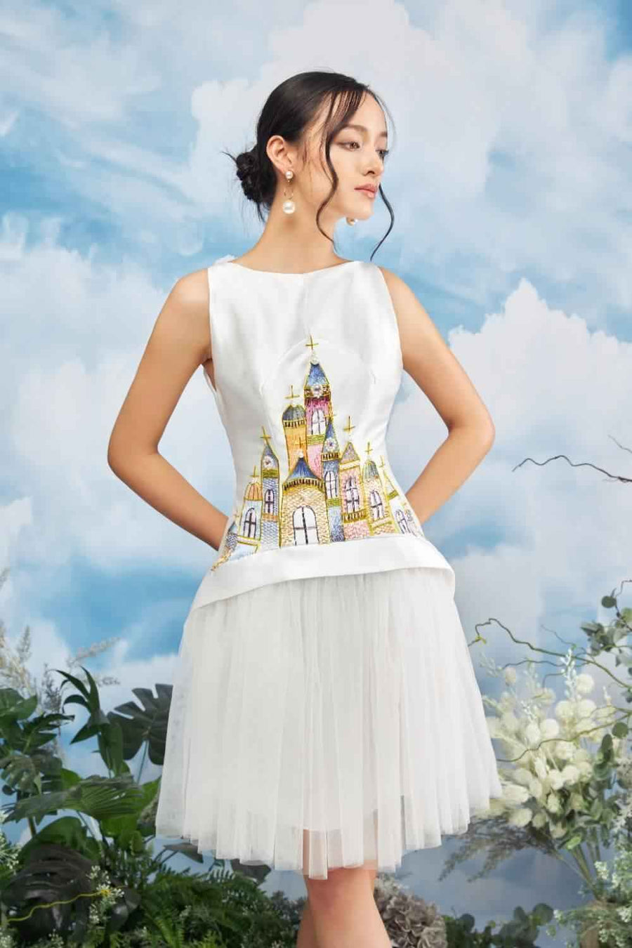 Etika Peplum Boat Neck Mesh Taffeta Knee-length Dress