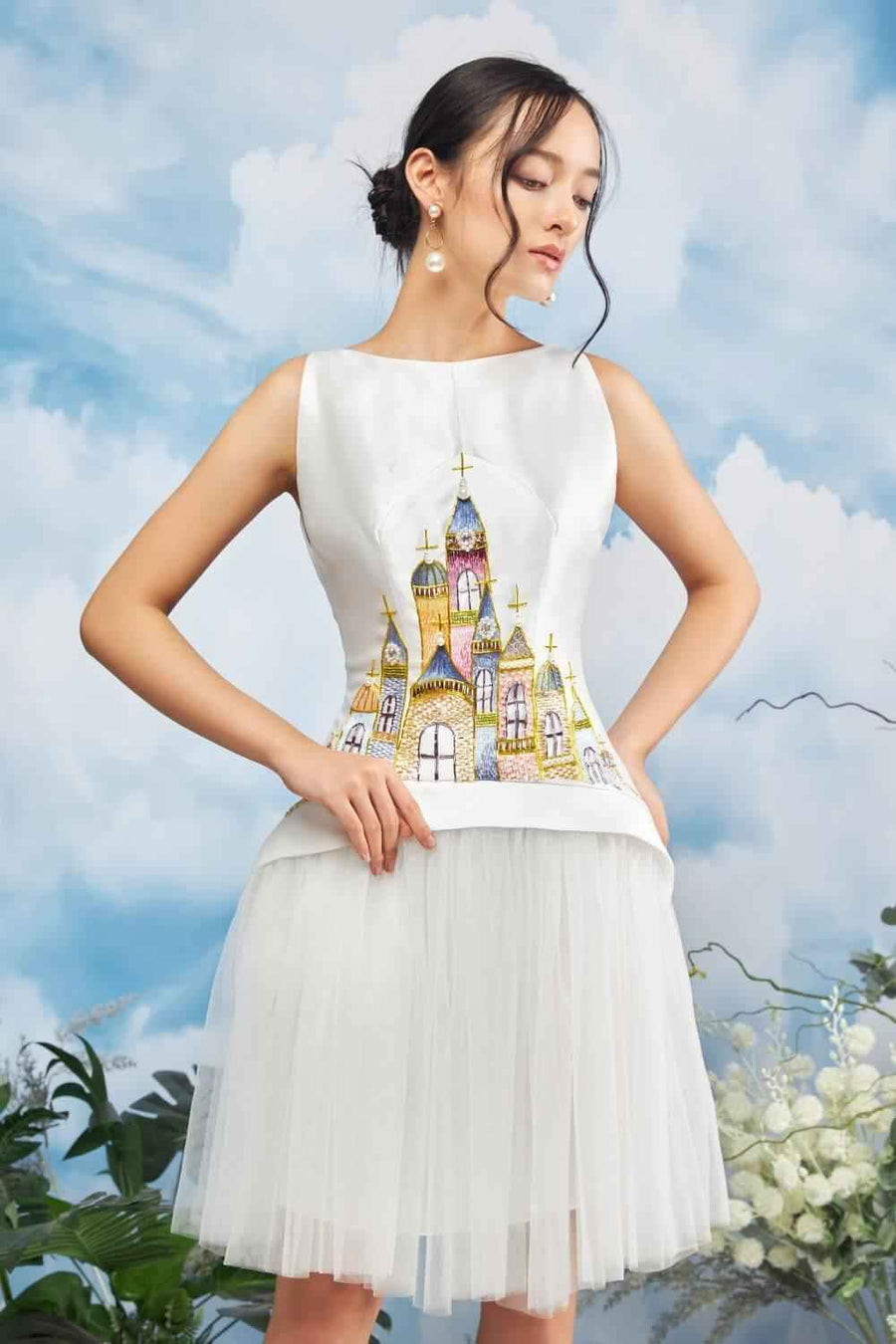 Etika Peplum Boat Neck Mesh Taffeta Knee-length Dress