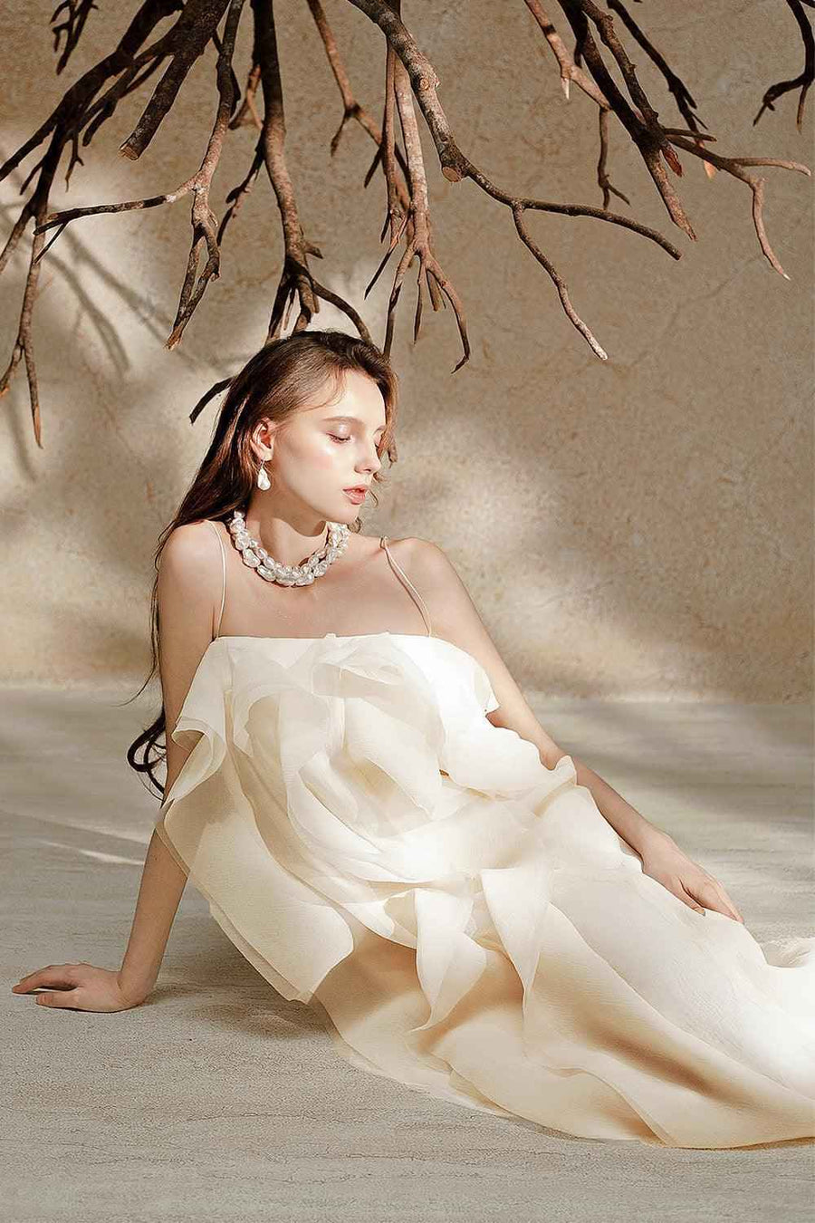 Eugene Straight Spaghetti Strap Crinkle Organza Ankle Length Dress