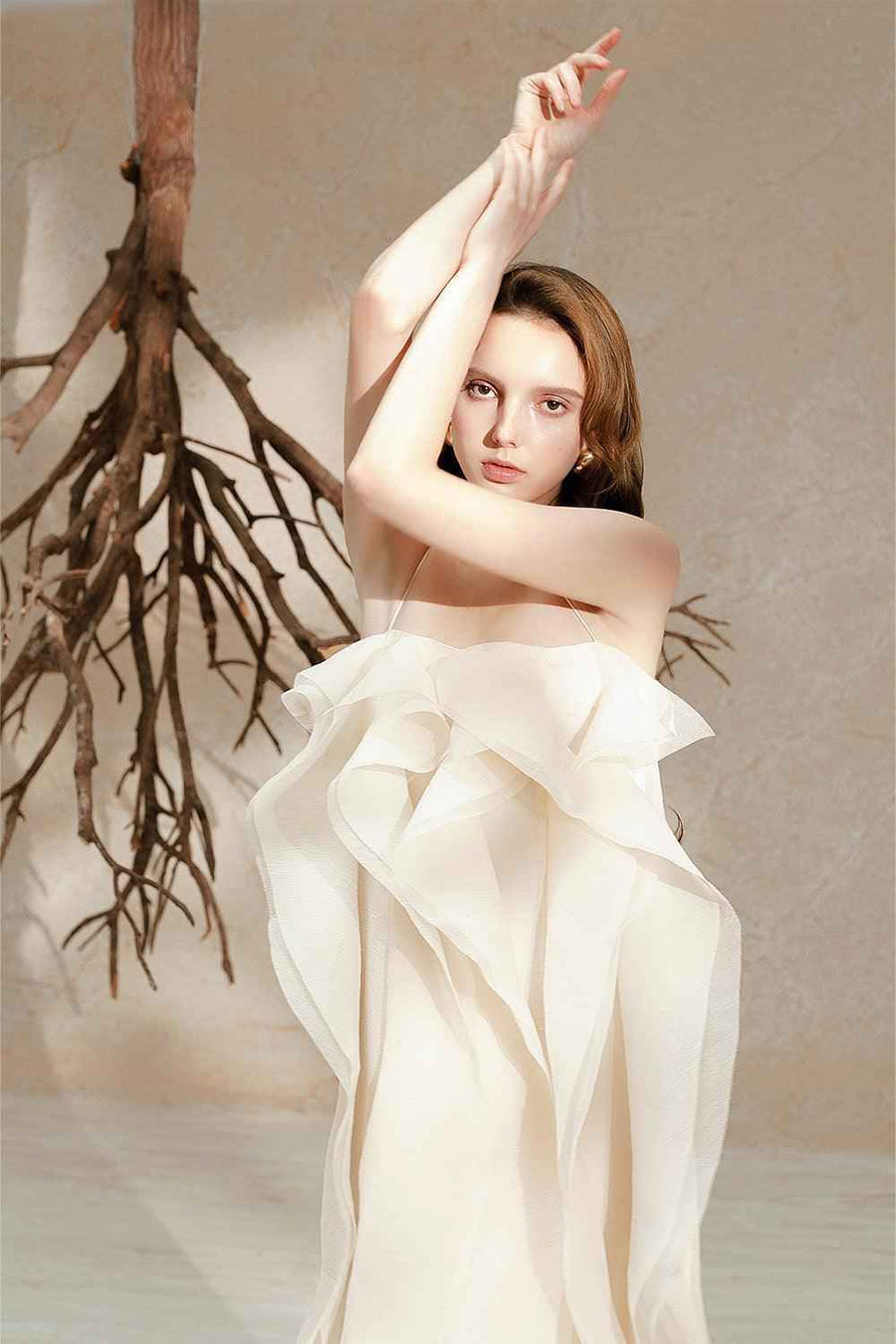 Eugene Straight Spaghetti Strap Crinkle Organza Ankle Length Dress