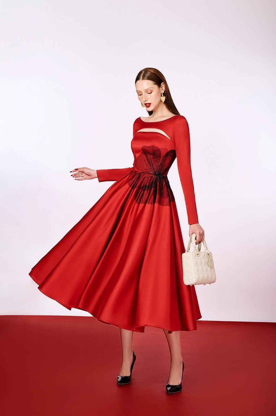 Eunoia Fit and Flare Boat Neck Polyester Midi Dress