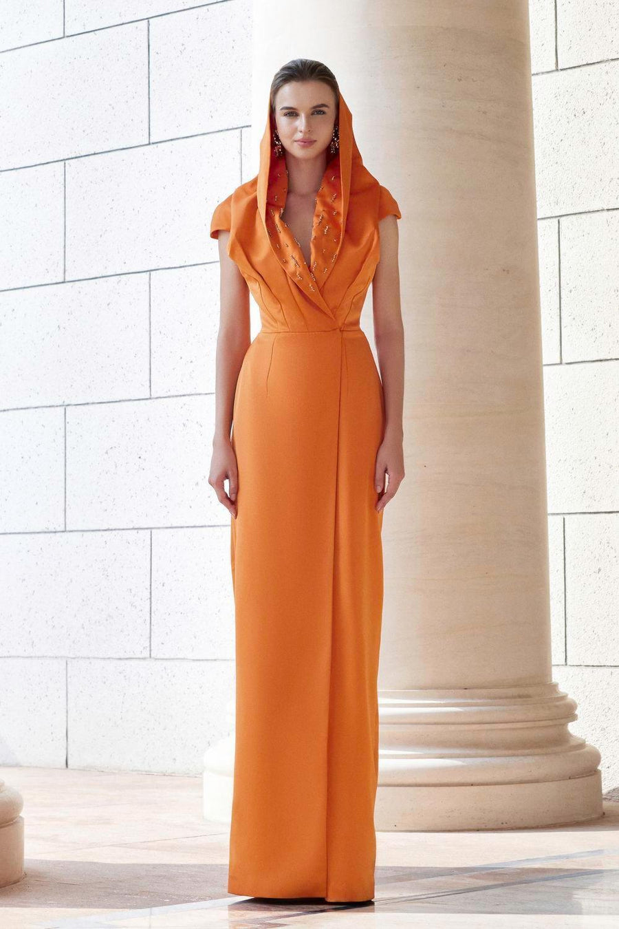 Euphony Wrap Hooded Neck Silk Floor Length Dress Orange Gown Dress I.H.F Atelier