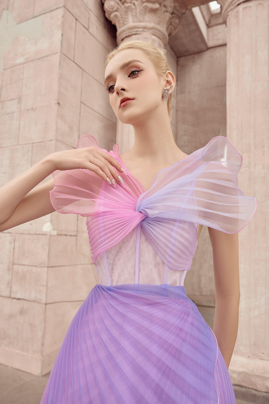 Euterpe Pleated V-Neck Chiffon Mini Dress Mini Dress Calista de Minh Thanh