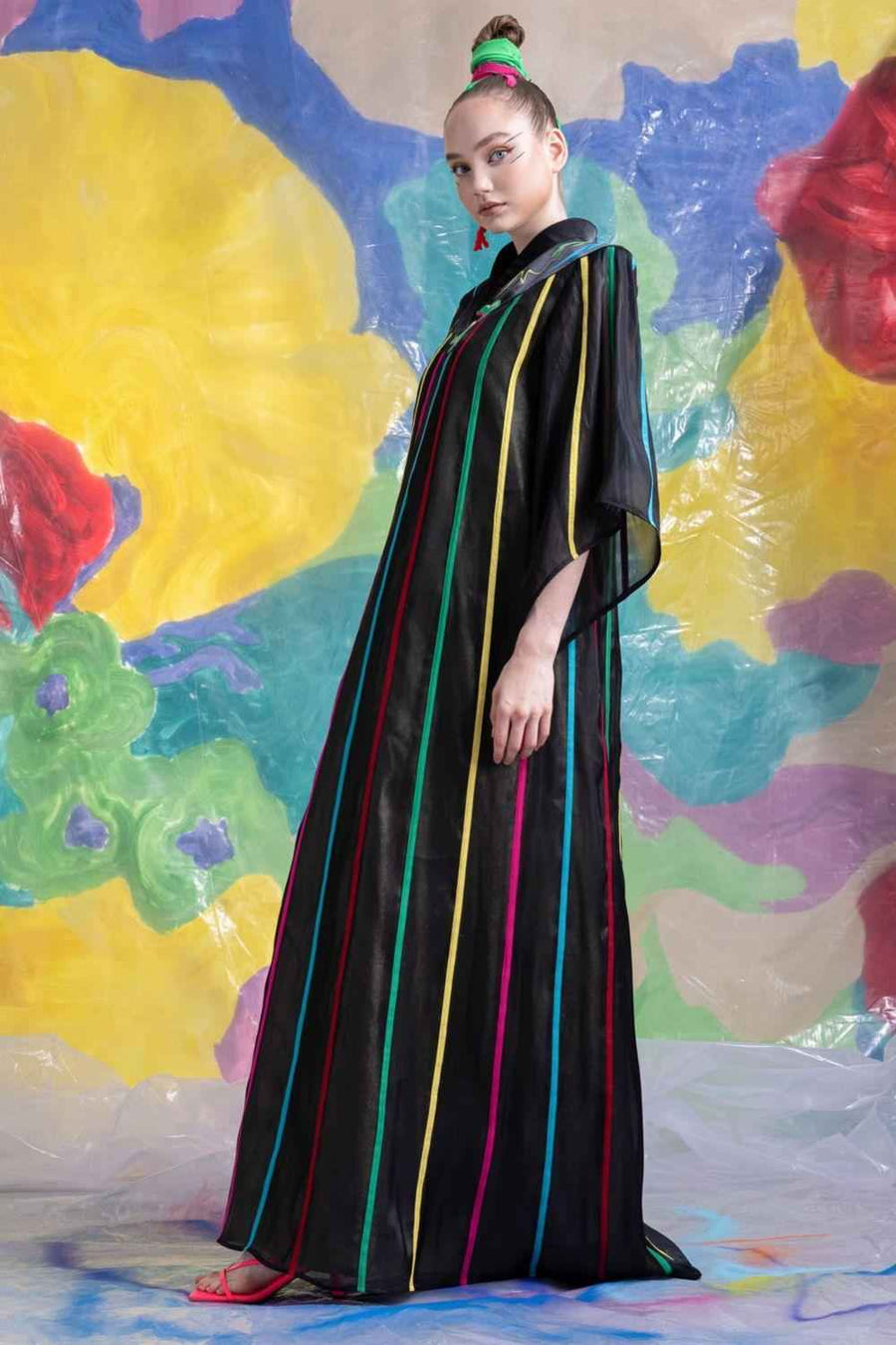 Evander Straight V-Neck Organza Floor Length Dress
