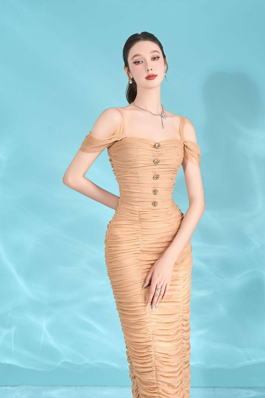 Evelyn Bodycon Cold Shoulder Sleeved Spandex Midi Dress Brown Midi Dress Calista de Minh Thanh