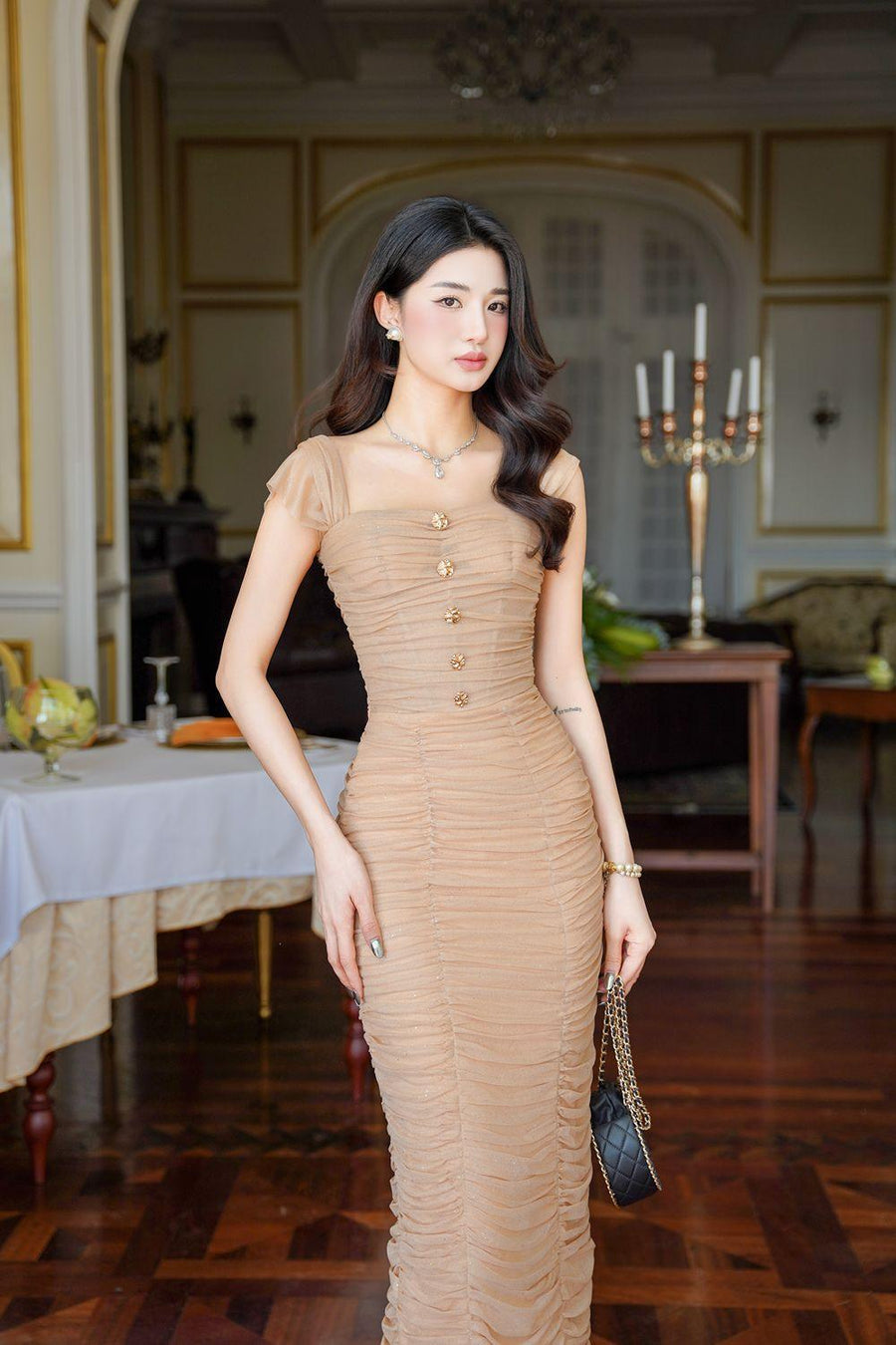 Evelyn Bodycon Cold Shoulder Sleeved Spandex Midi Dress Midi Dress Calista de Minh Thanh
